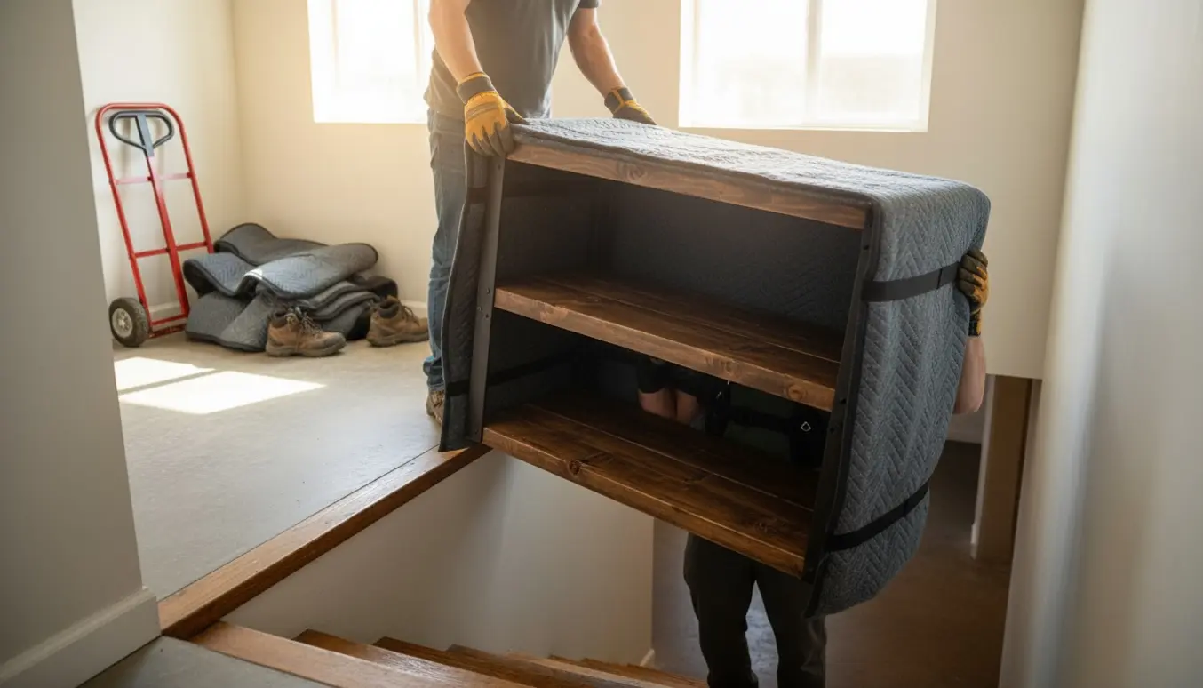 To personer bærer en tung trereol ned ad en trappe mod kælderen, ansigter ikke synlige.