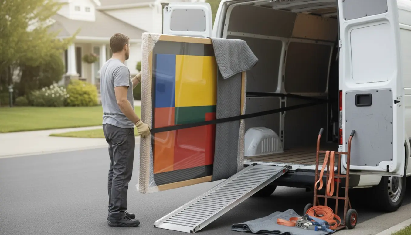 To flyttefolk læsser et stort indrammet abstrakt billede ind i en varevogn, pakket i flyttetæpper og hjørnebeskyttere.