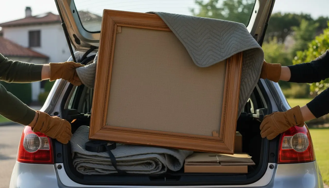 Et indrammet maleri pakkes forsigtigt ind og lægges i bagagerummet på en bil.