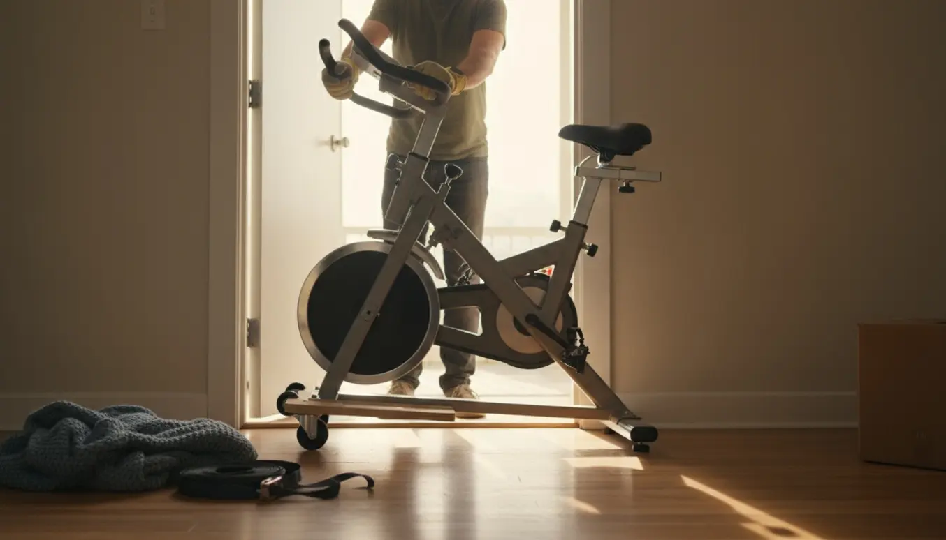 En samlet motionscykel trækkes gennem en lejligheds døråbning mod en ventende flyttevogn.