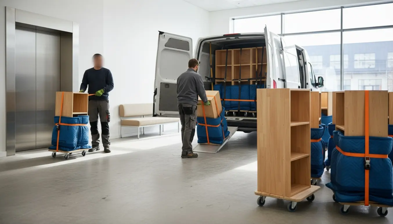 Reoler læsses fra en elevator til en åben varebil med møbelhunde og flytteudstyr.