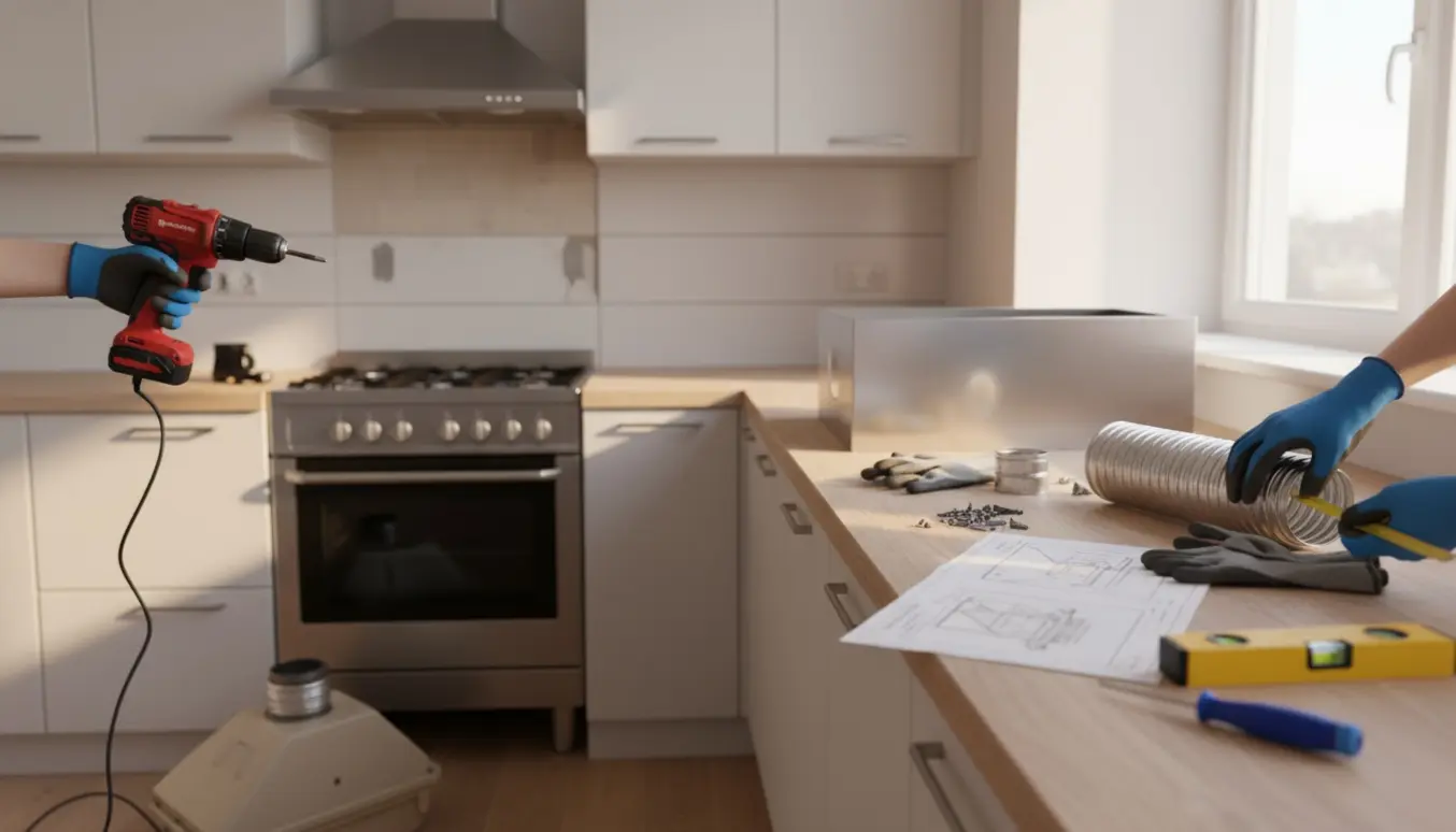Nærbillede af montering af en moderne emhætte i et køkken med værktøj og aftræk klar til tilpasning.