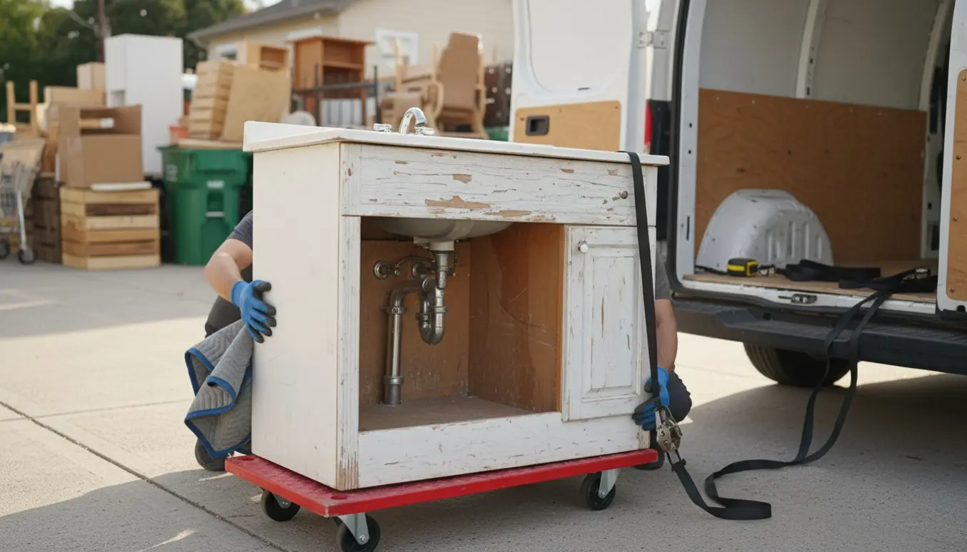 Midterstort badeværelsesskab bliver læsset i en varevogn klar til aflevering på genbrugspladsen.