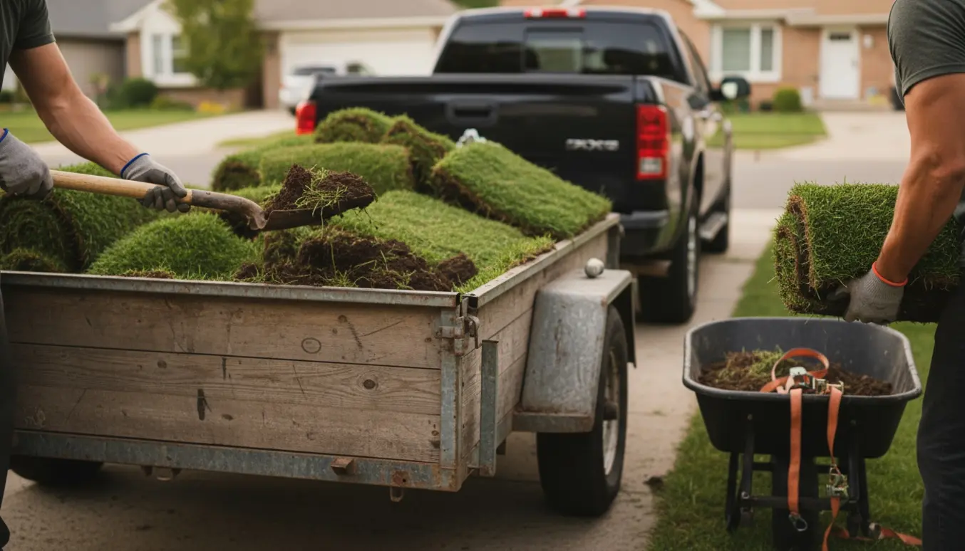 To personer læsser en stor bunke græstørv fra indkørsel over i en trailer.
