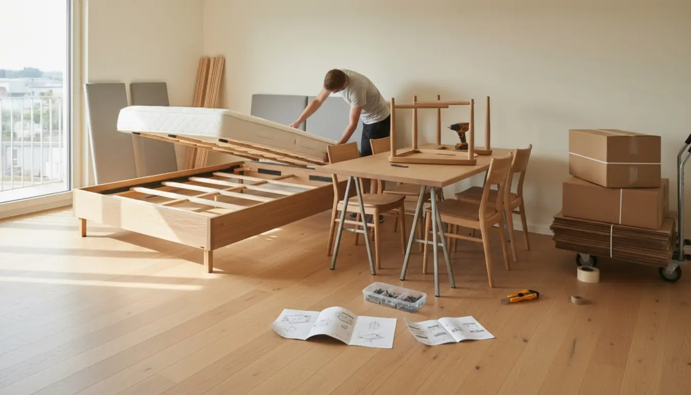 Åben lejlighed med delvist samlede kontinentalsenge, et spisebord under montering, værktøj og en stor stak pap klar til bortskaffelse.