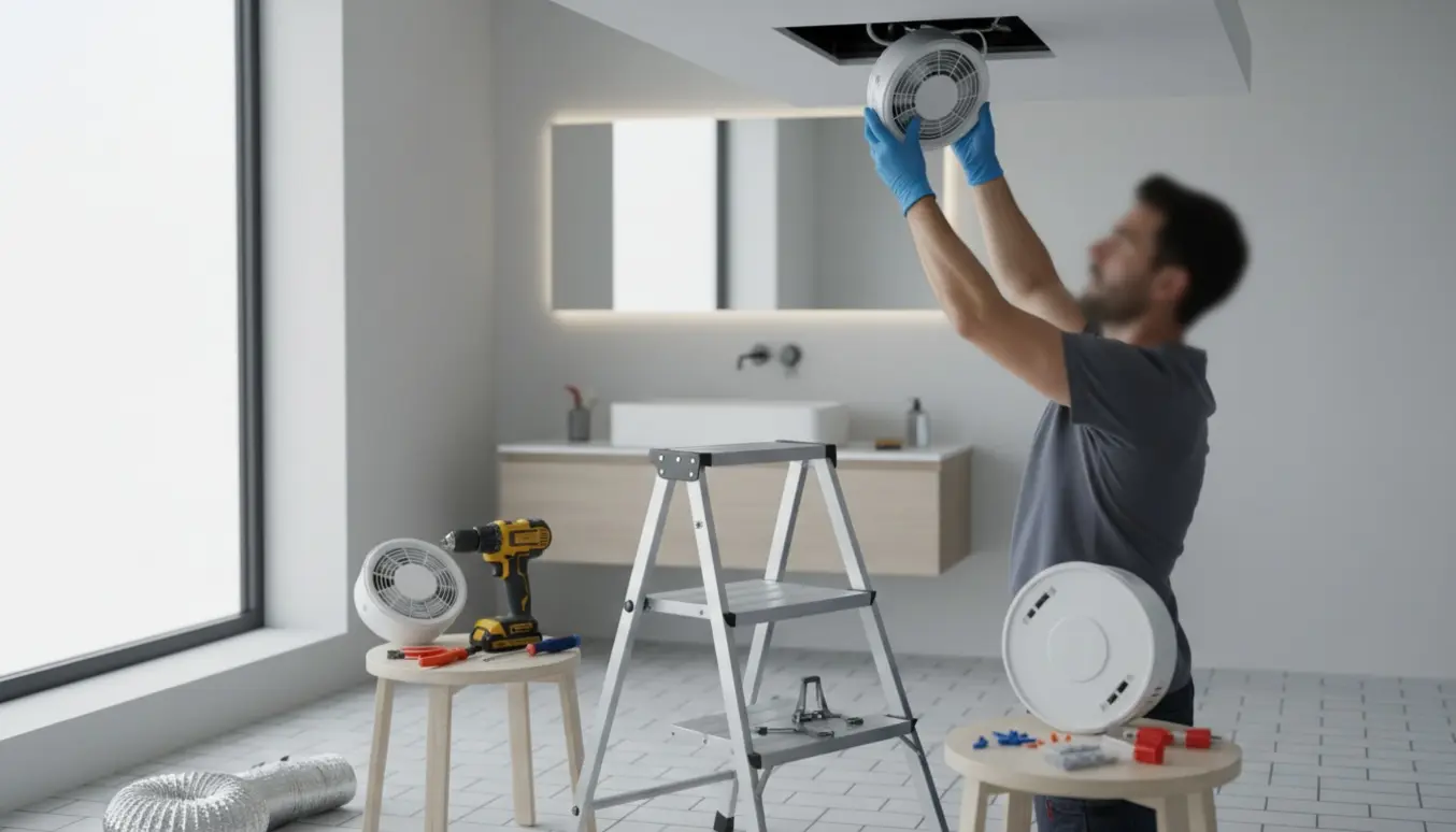 Hænder monterer en ny badeværelsesventilator med to nye enheder og værktøj klar på flisegulvet.