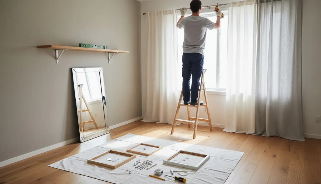 Hænder på en stige monterer gardiner, en hylde og forbereder et spejl og to rammer i et lyst, skandinavisk rum.
