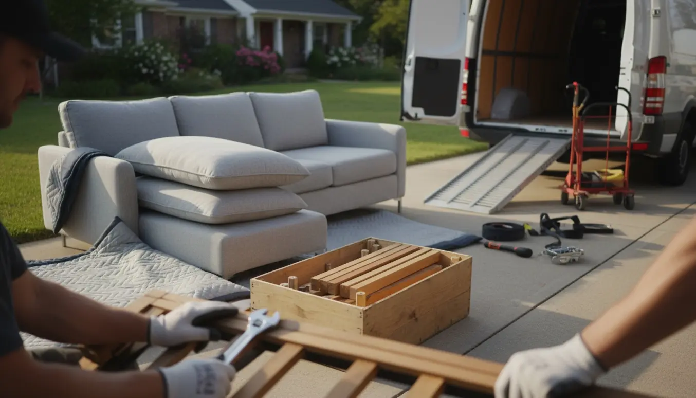 Delvist afmonteret sofa læsses ved en varebil i indkørsel med værktøj og puder stablet ved siden af.