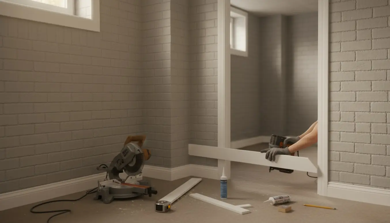 To sammenhængende kælderværelser med nyligt monterede fodpaneler og værktøj på gulvet.