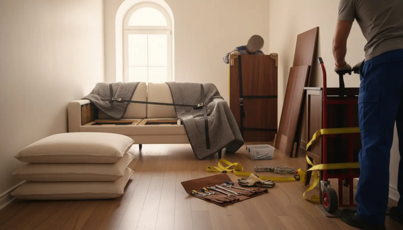 Bortkørsel af lille hjørnesovesofa uden hynder, adskilt højt skab og lille skab på 2. sal i en bred opgang.