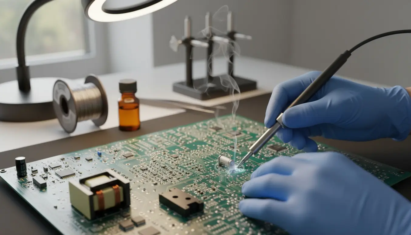 Hænder lodder en ny sikring på et printkort med en transformer nederst til venstre.