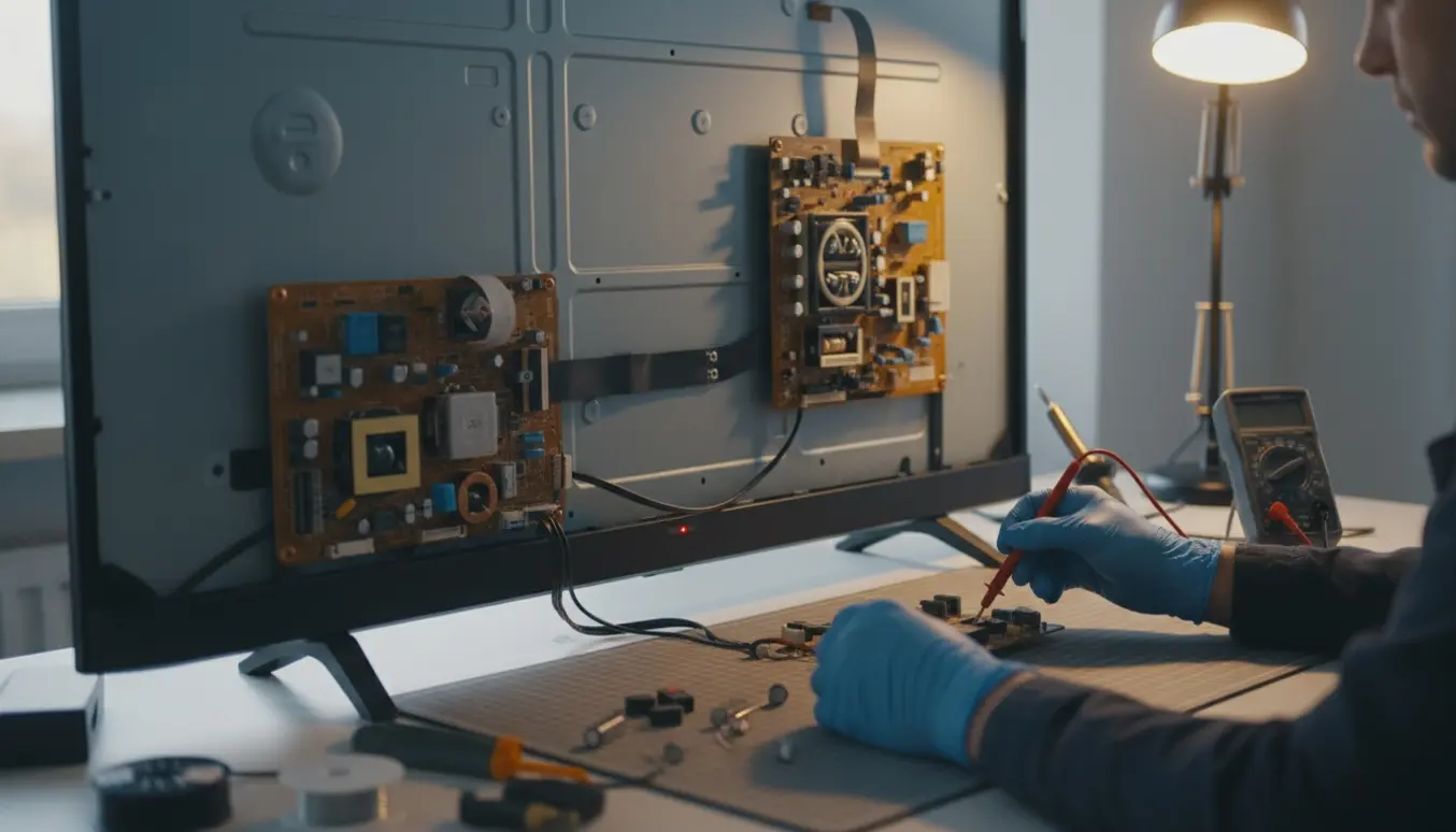 Tekniker arbejder på et fladskærms-tv med åben bagklap, kredsløb og værktøj på et ryddeligt arbejdsbord.