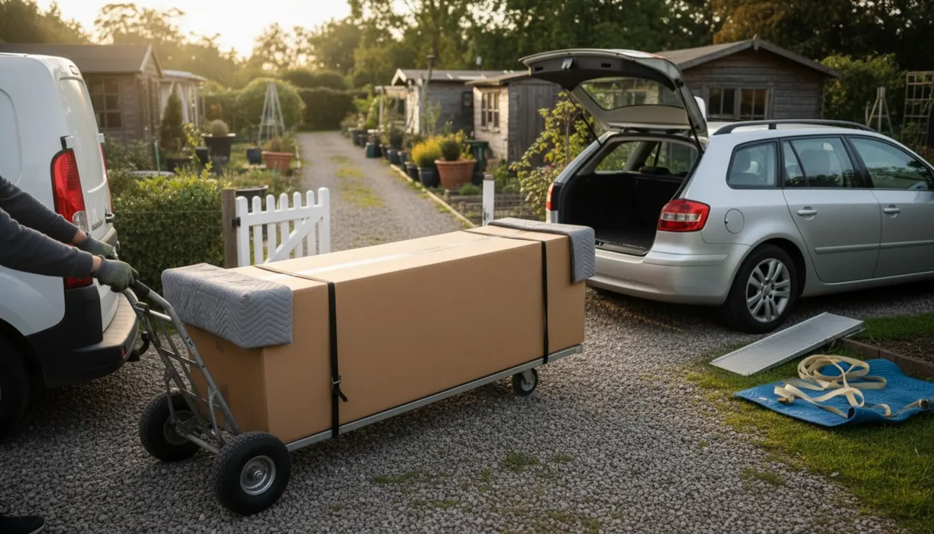 En stor rektangulær papkasse med et havebord bliver kørt på en tralle fra en varevogn ved en kolonihave.