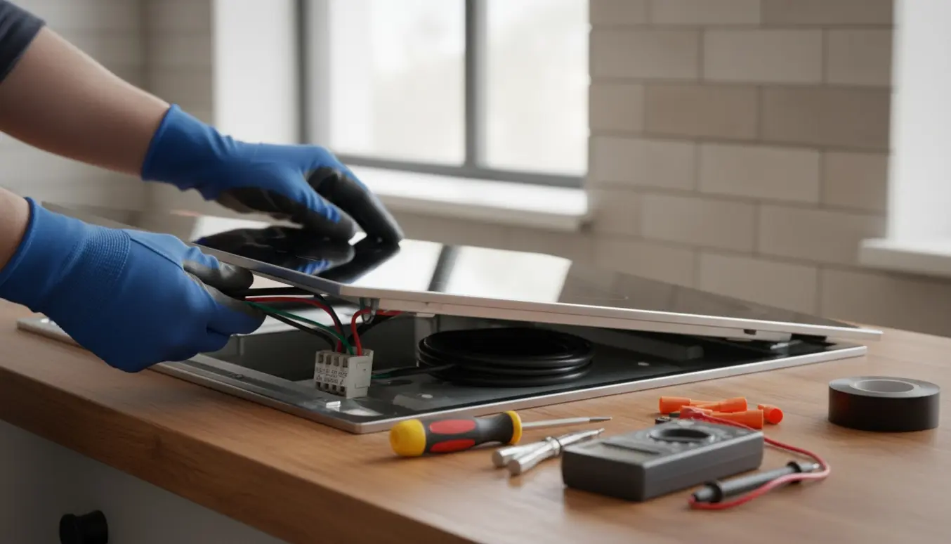 Nærbillede af en kogeplade under installation, med handskerede hænder, ledninger og værktøj på køkkenbordet.