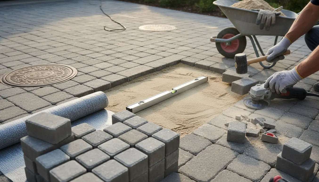 Fliselægger i arbejde på indkørsel med stak fliser, fibertex, værktøj og to dæksler.