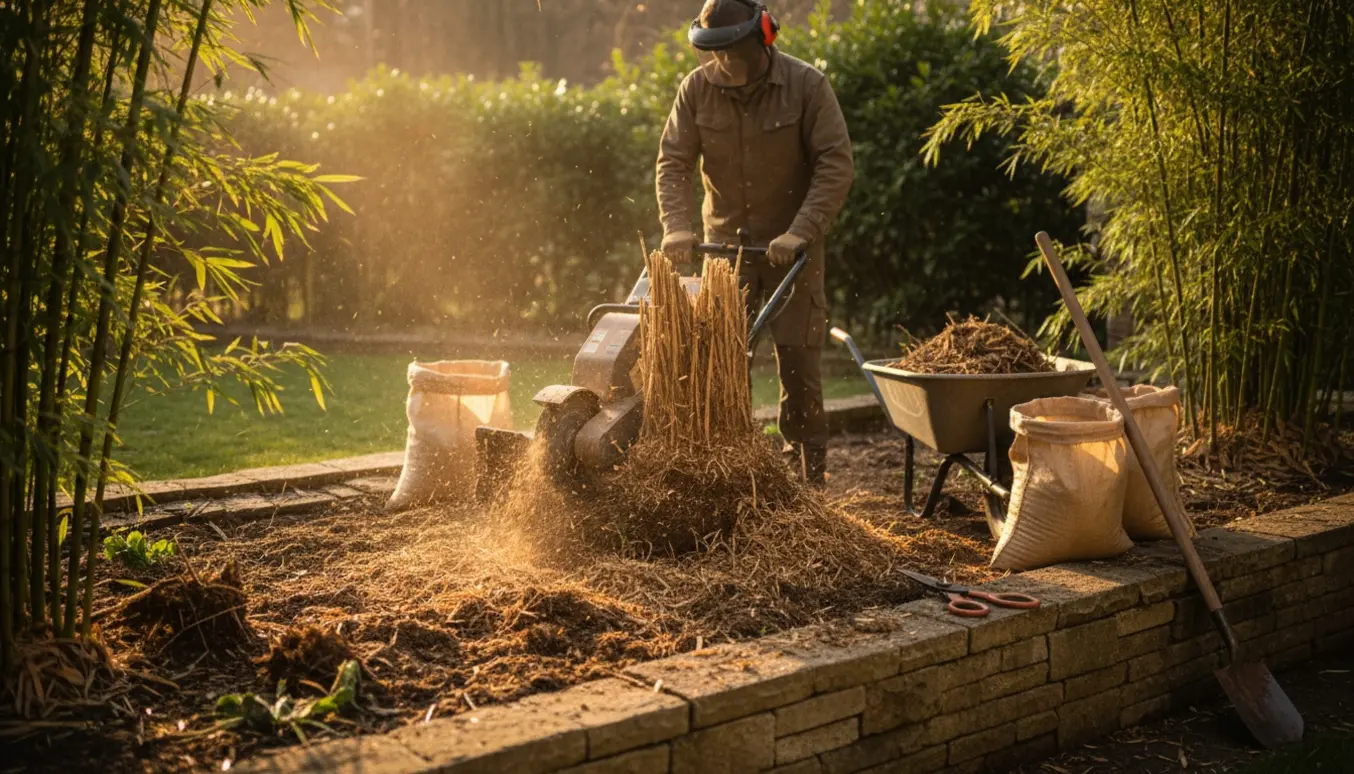 Stubfræsning af en stor bambusstub i et forhøjet bed med flis, trillebør og arbejdshænder uden synligt ansigt.