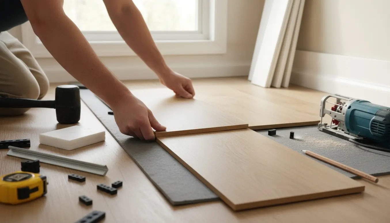 Nærbillede af klikgulvinstallation i et lyst rum med rulle af akustisk underlag og monterede fodpaneler.