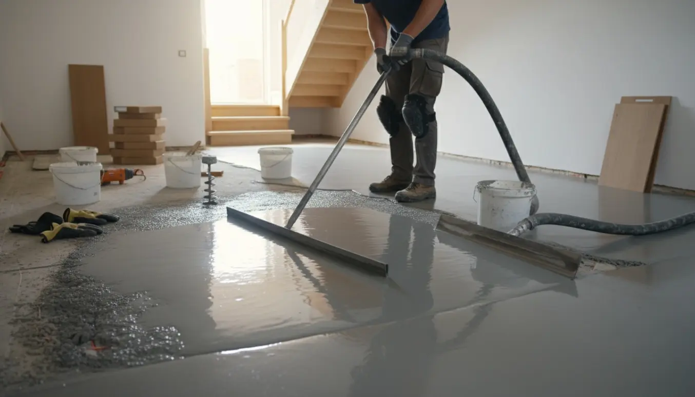 Håndværker udjævner flydespartel i kældergulvet med pumpe og glittespartel.