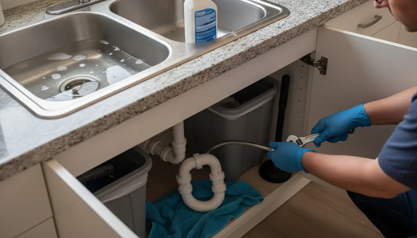 Hænder arbejder under en køkkenvask med plastikrør, en taget vandlås og skraldespande i et trængt underskab.