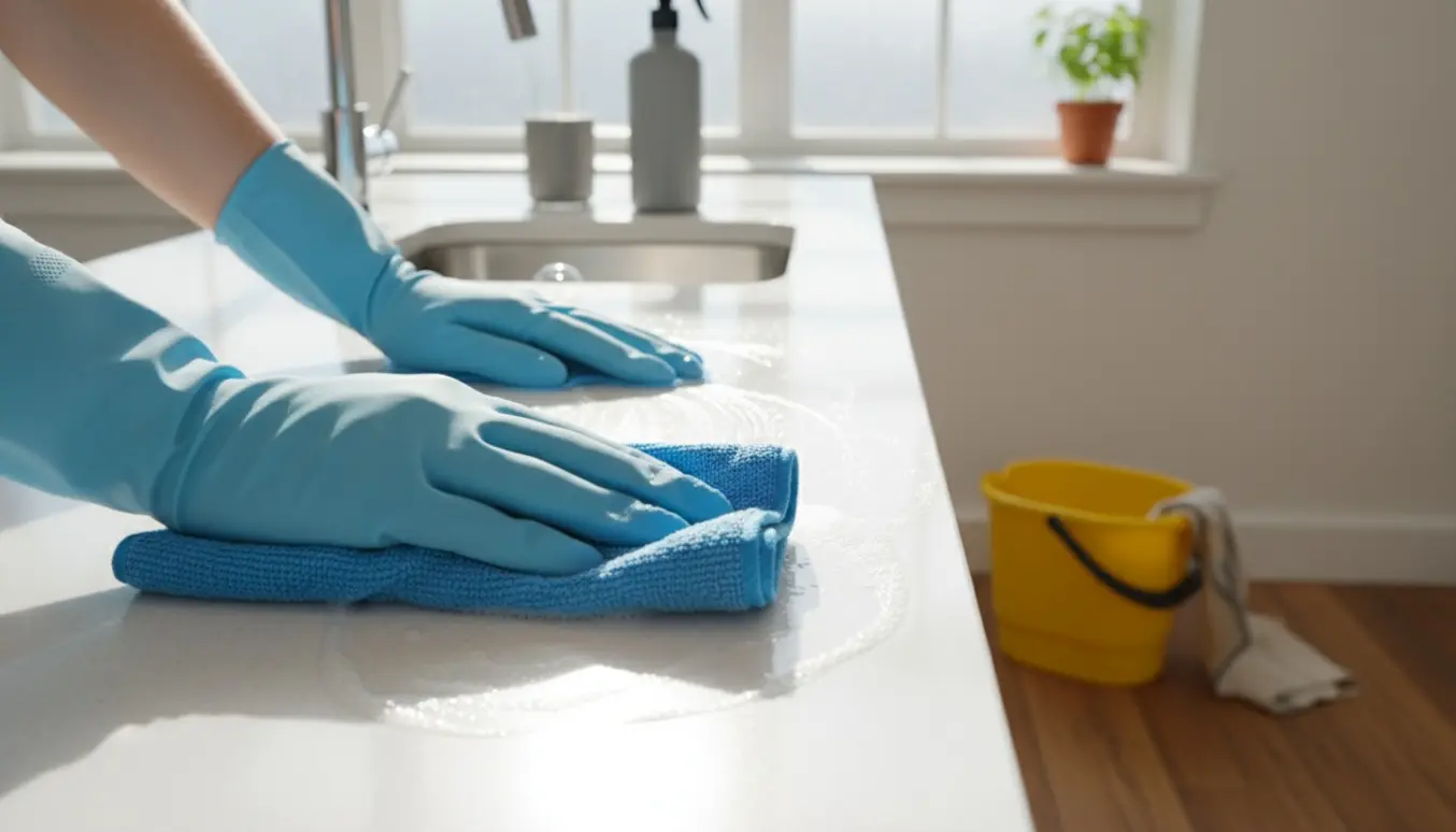 Nærbillede af hånd i handske, der tørrer en soloplyst køkkenbordplade med en microfiberklud.