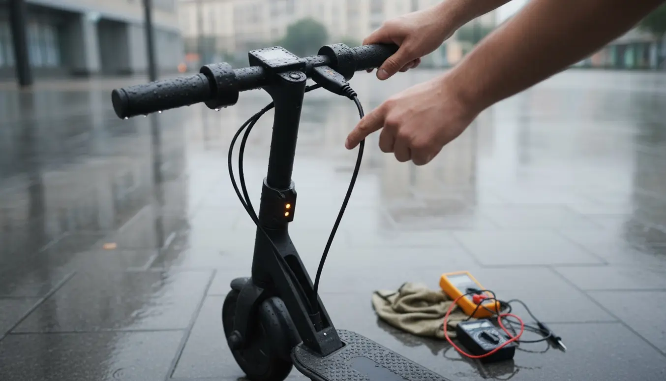 Et regnvådt el-løbehjul med blinkende oplader tilsluttet på et vådt fortov, mens hænder forsøger at fejlfinde det.