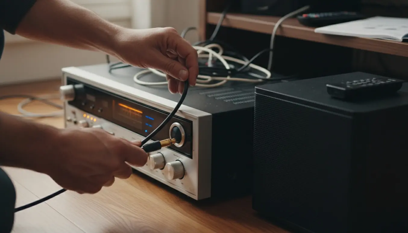 Hænder tilslutter en subwoofer til et gammelt stereoanlæg med et RCA-kabel på trægulv.