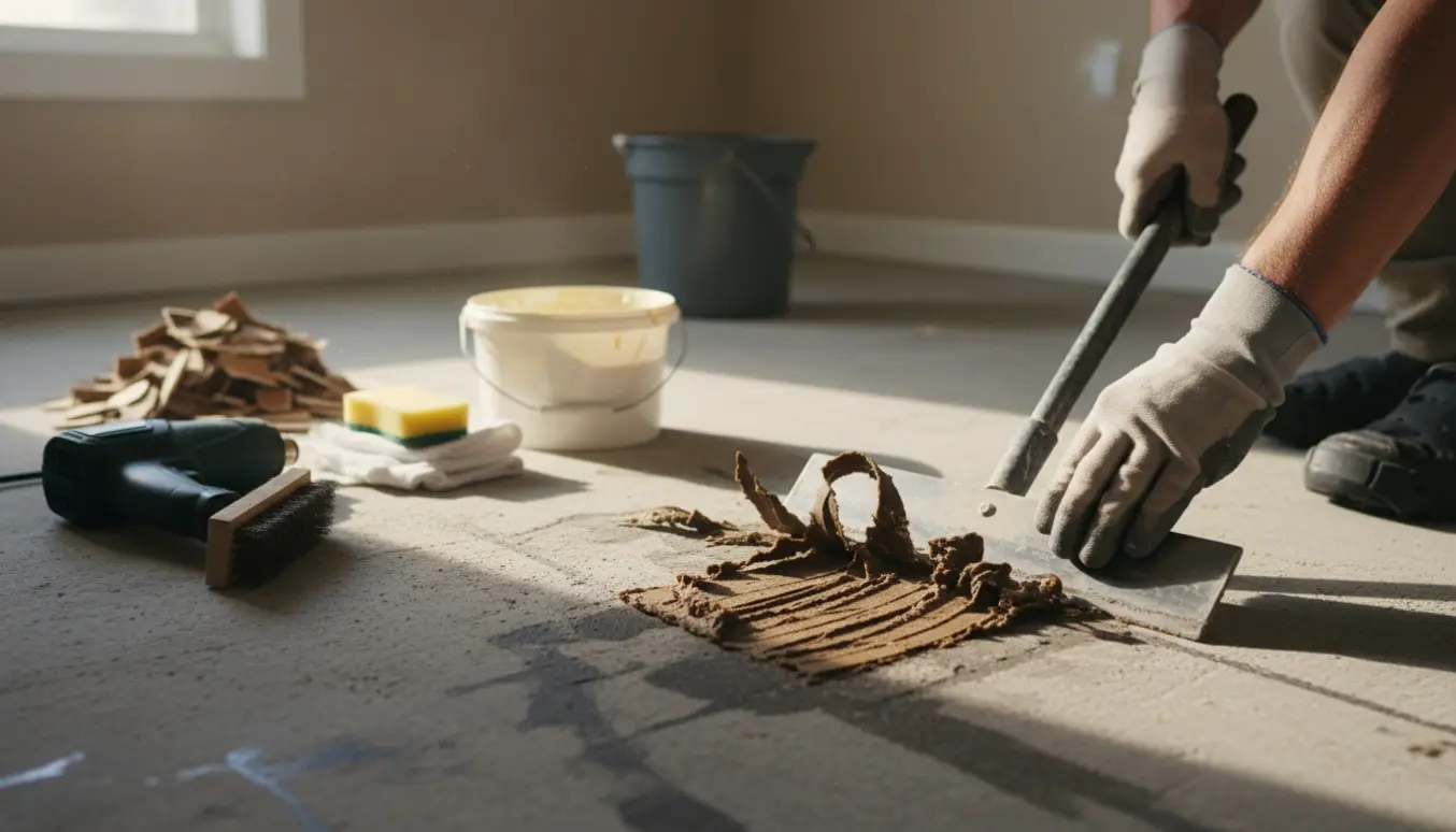 Hænder i handsker skraber limrester af et betongulv efter fjernelse af vinyl.