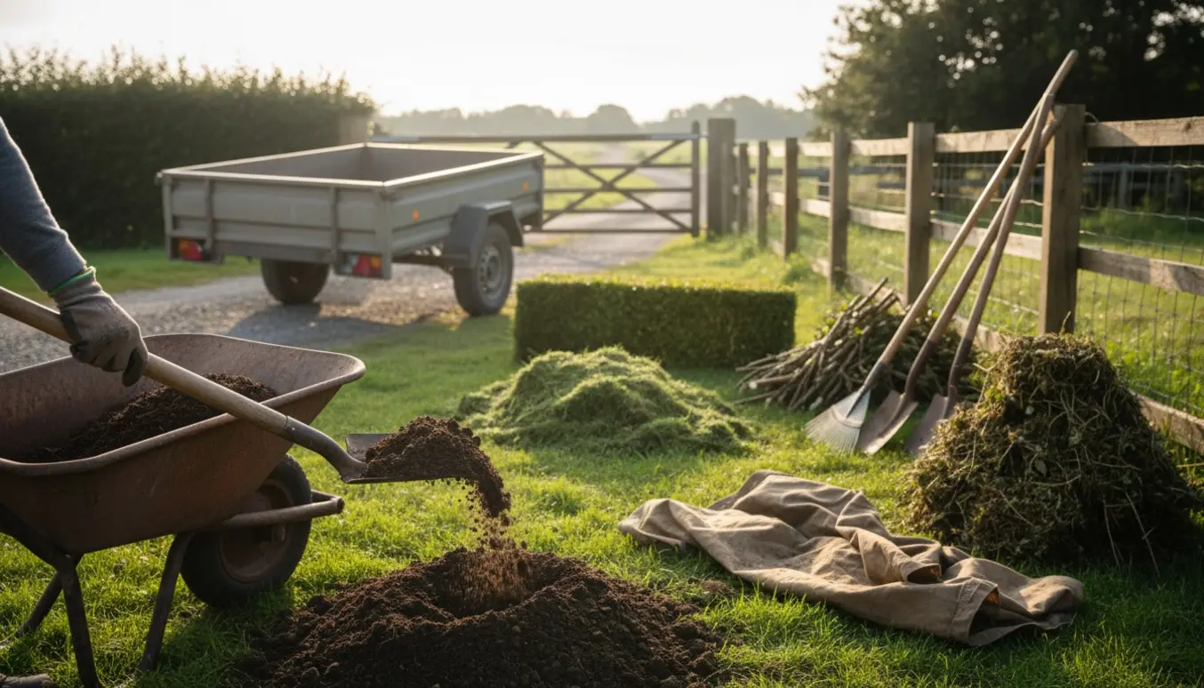 Hænder skovler jord i en trillebør ved en trailer med bunker af haveaffald bag et egetræshegn.