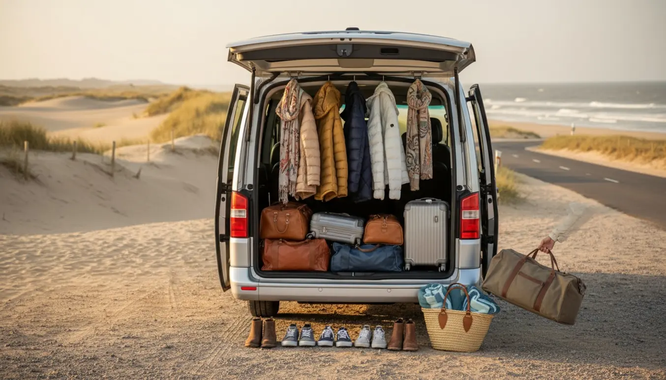 Stor minibus parkeret ved kysten med bagage i bagagerummet og jakker hængende, klar til en weekendtur.