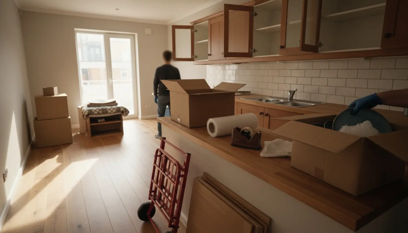 Halvtomt etplans rækkehus under rydning med åbne køkkenskabe og flyttekasser.