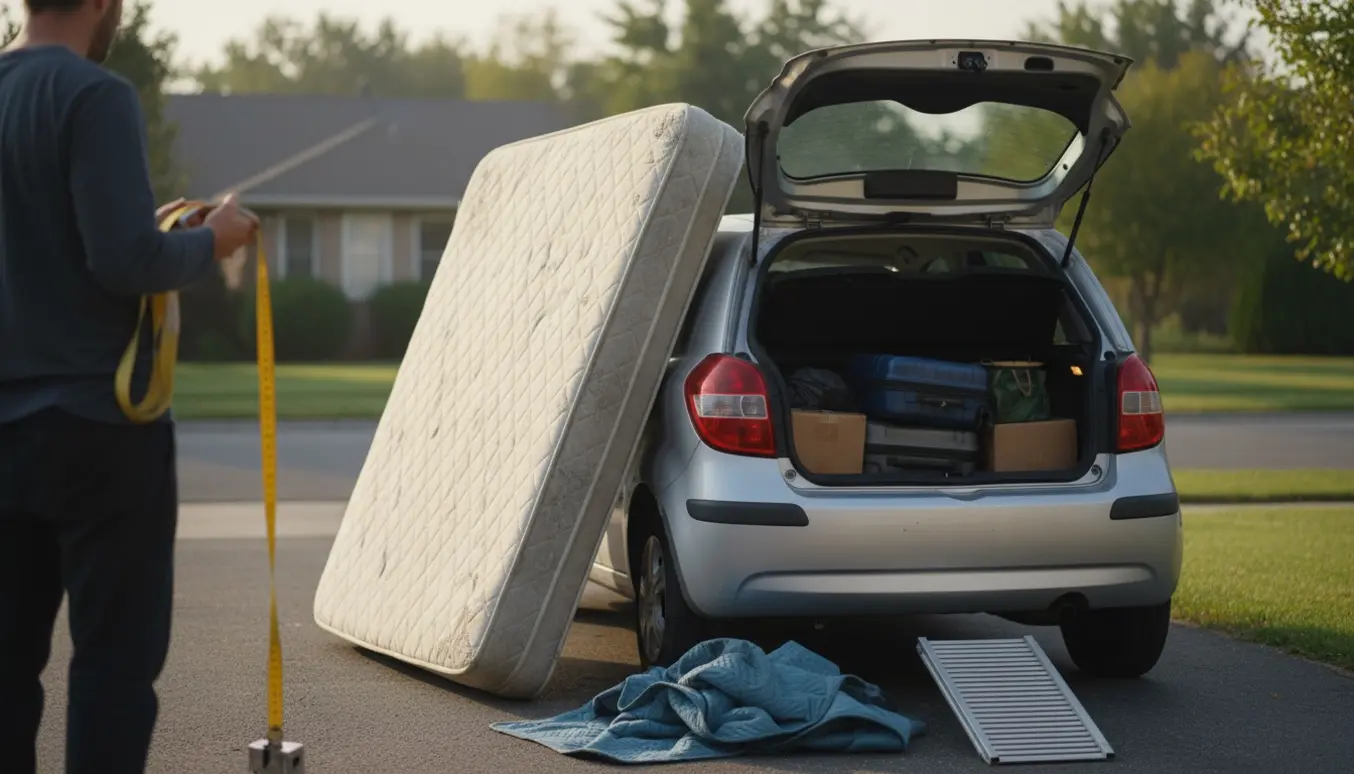 Stor madras lænet op ad en lille bil på indkørslen, med spændebånd og et tomt anhængertræk synligt.