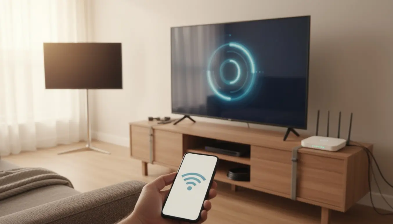 To fladskærms-tv i en stue under opsætning til trådløst internet, med fjernbetjening og smartphone der viser Wi‑Fi-ikon.