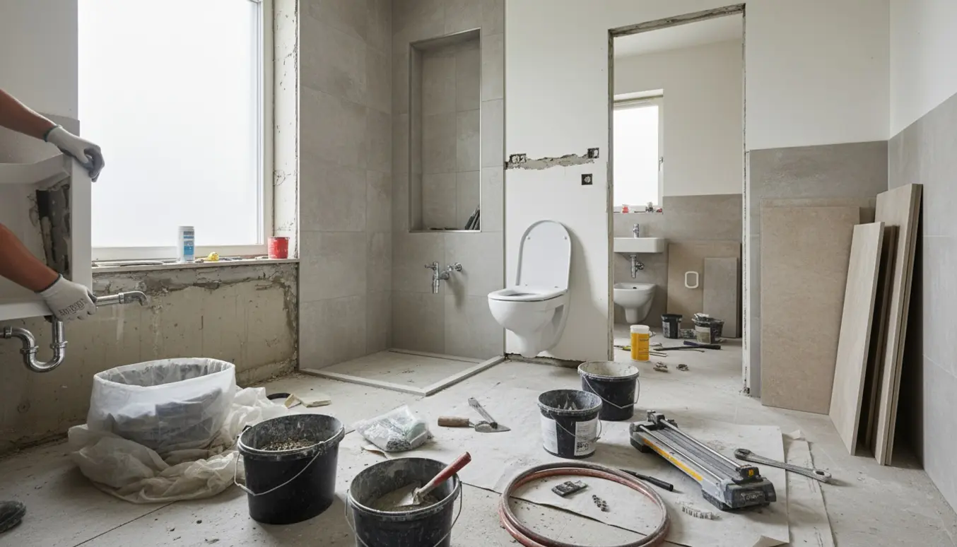 Halvt renoveret badeværelse med væghængt toiletramme, fliser, bruseniche og værktøj klar til installation.