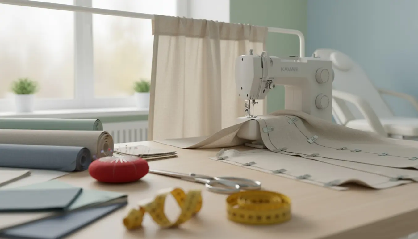 Hænder syr et neutralt klinikgardin foran en frostet vindue med symaskine og stoffer på et ryddeligt bord.
