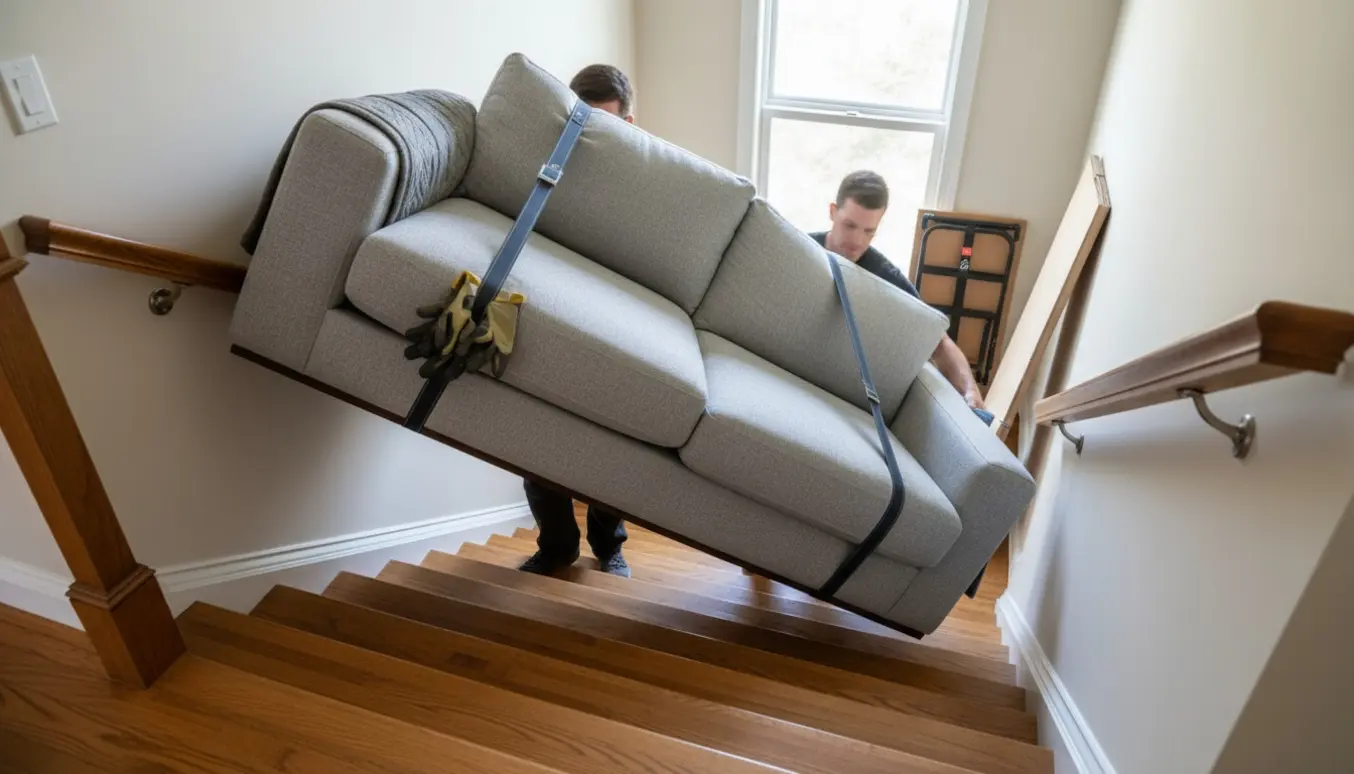 To personer bærer en todelt sofa op ad en lys trappe med beskyttelsesbetræk og flytteudstyr.