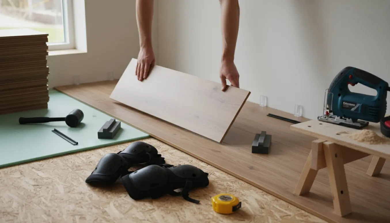 Klikgulv lægges i et lille anneks med laminatbrædder, værktøj og synligt træspånplade-undergulv.