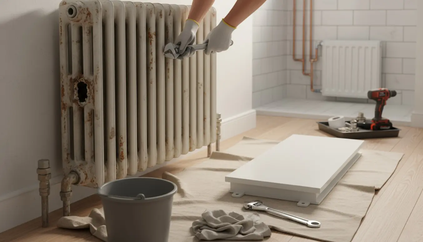 Håndværker udskifter en rusten radiator i soveværelset med værktøj og en mindre radiator klar på badeværelset.