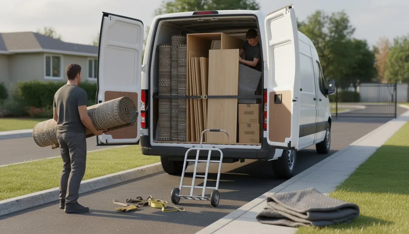 Åben varevogn ved fortovet fyldt med rullede tæpper, adskilte møbeldele og flyttegeredskaber klar til kørsel til genbrugsplads.