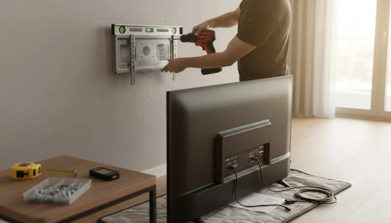 Montør monterer et stort fladskærms-TV på væg med boremaskine, vaterpas og beslag.