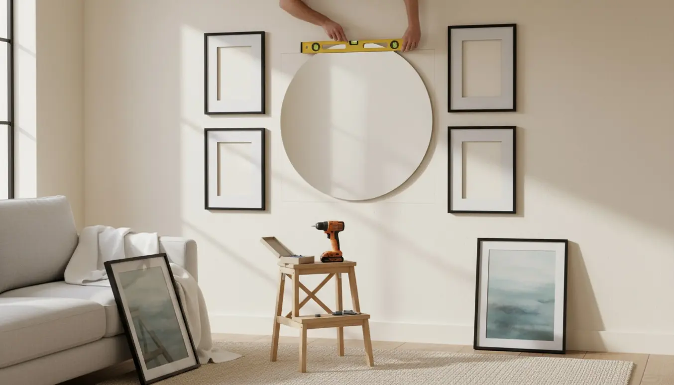 Hænger et spejl op på en væg med fire indrammede billeder og værktøj i forgrunden.