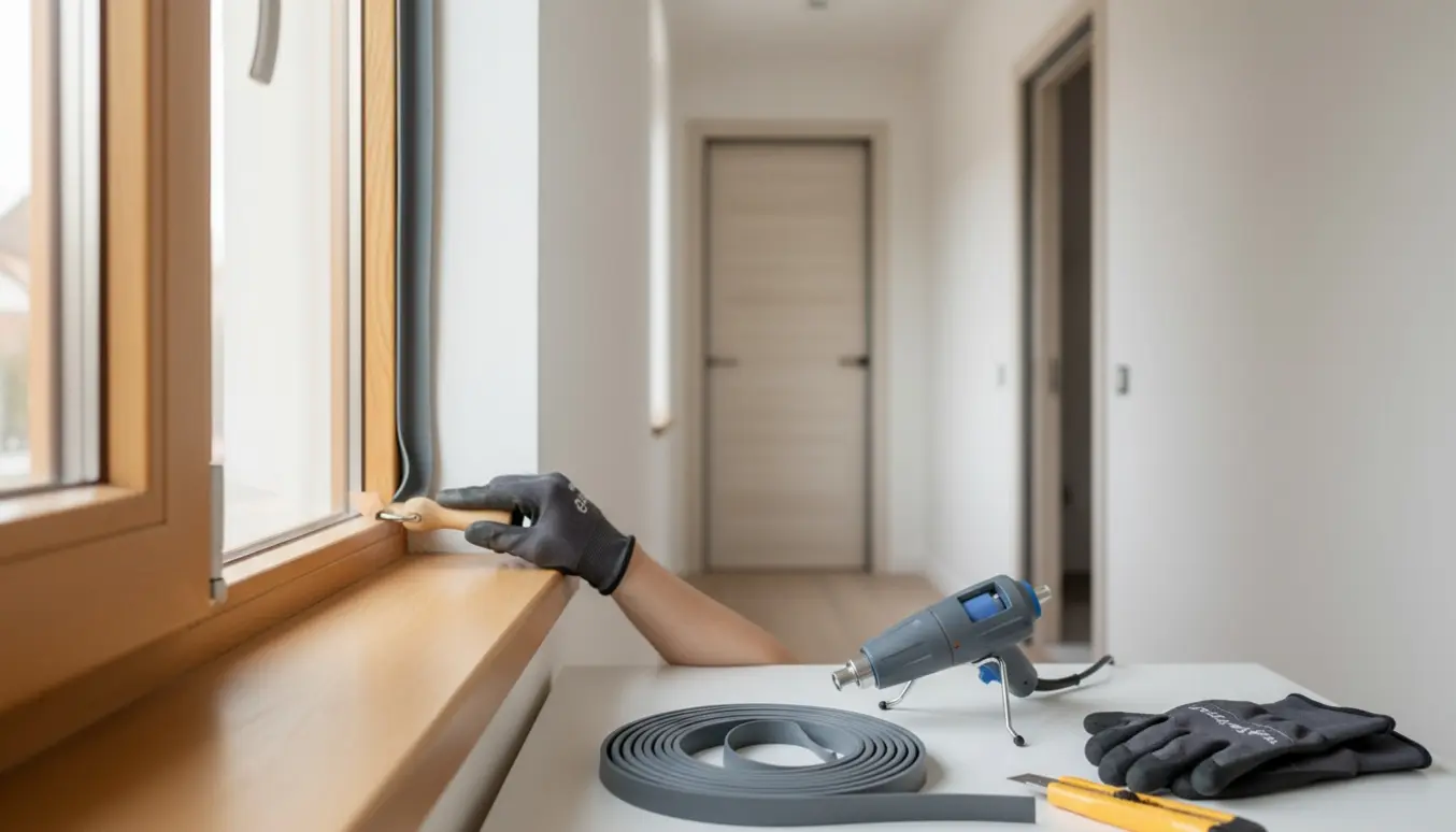 Hænder monterer en grå tætningsliste i en vinduesramme med værktøj på et ryddeligt arbejdsbord.