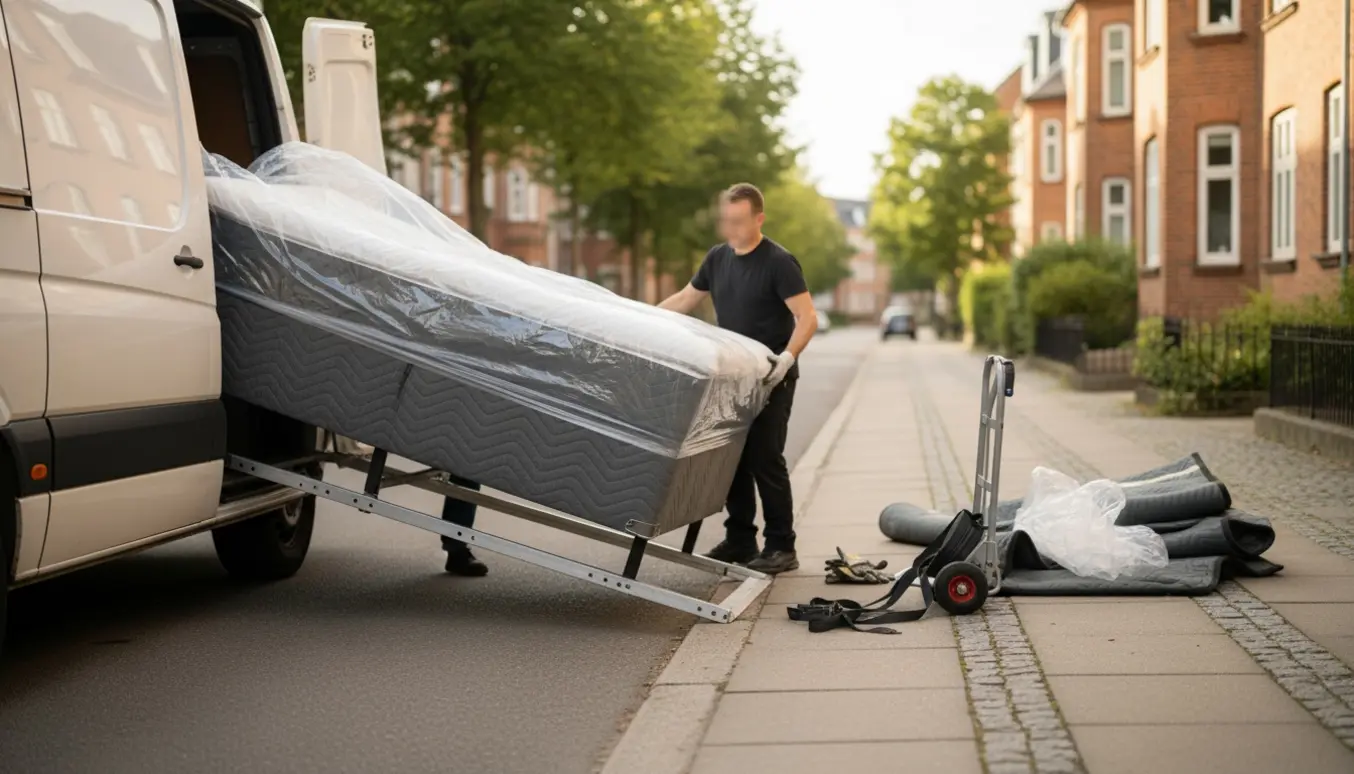 En boks-seng på 1,5 person pakkes og løftes ind i en flyttevogn på en rolig københavnsk villavej.