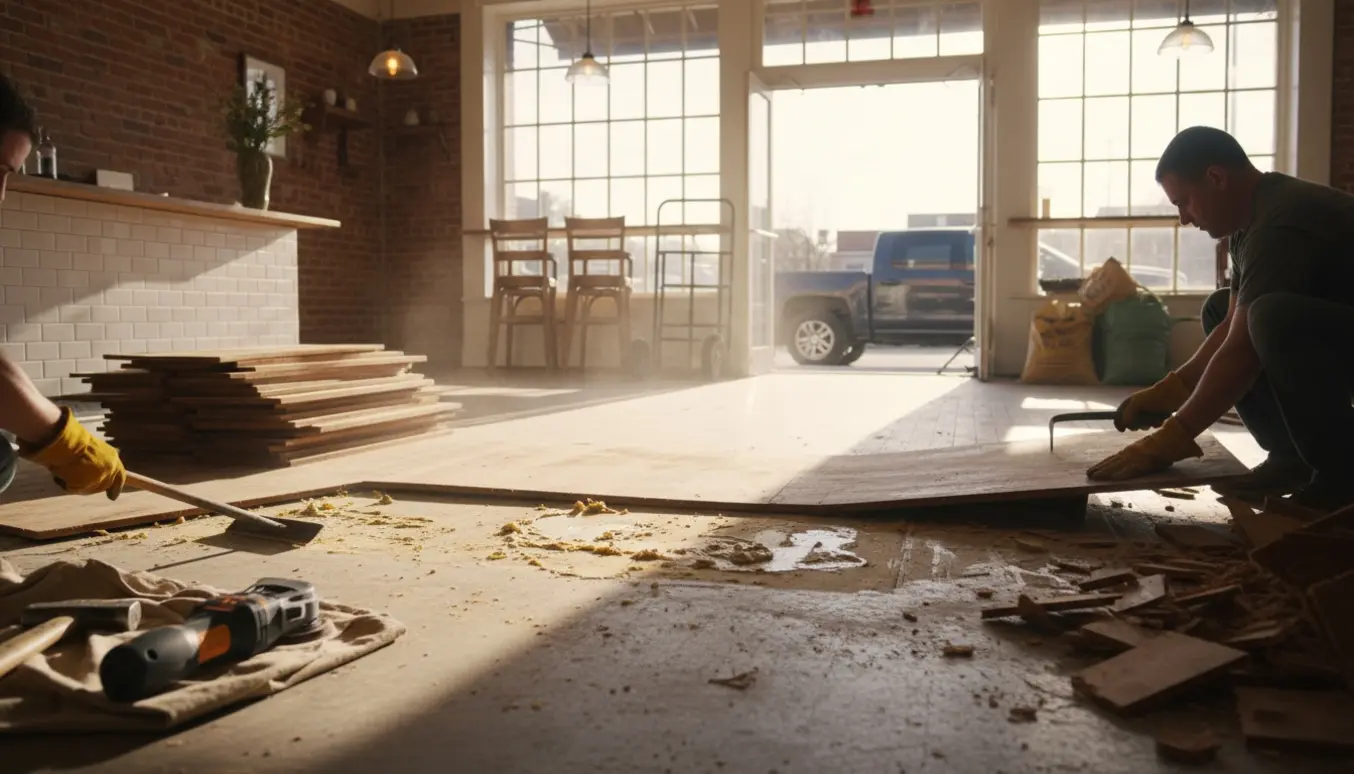 Værktøj og handsker fjerner limet trægulv i en gammel restaurant, med stakke af brædder klar til bortskaffelse.