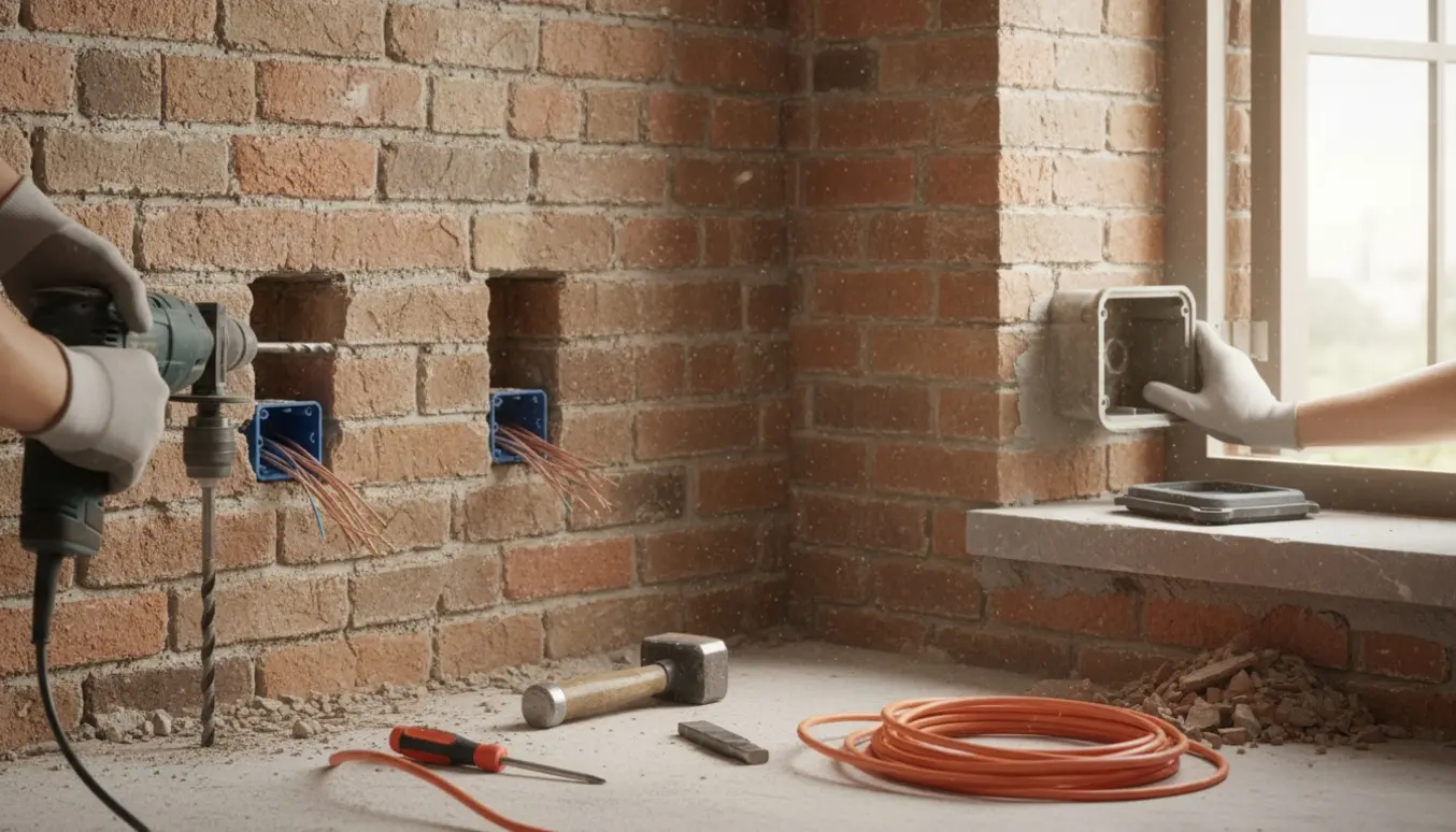 Elektriker monterer en udendørs stikkontakt og to indendørs stikkontakter i murstensvægge med værktøj og kabel synligt.