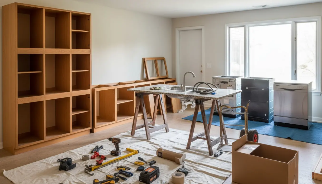 Køkken under nedtagning med stakkede skabe, fjernet bordplade, vask og hvidevarer klar til bortkørsel.