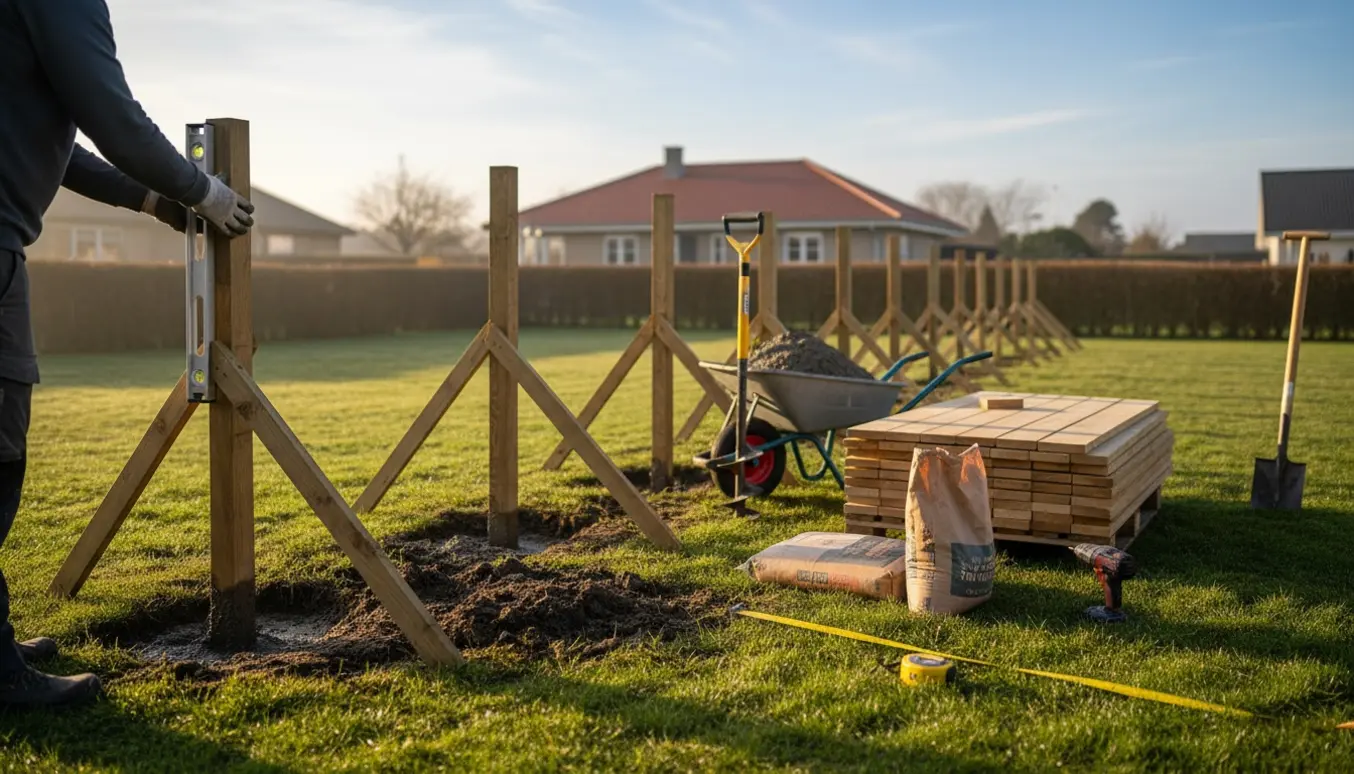 Træhegn under opsætning på en græsplæne med stolper støbt i frisk beton og værktøj synligt.