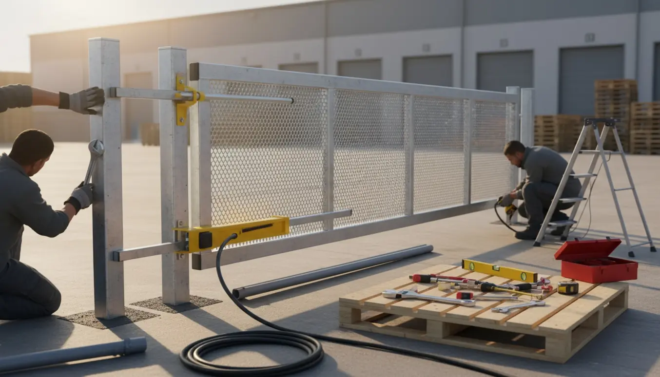 Montage af elektrisk byggepladslåge ved lager med hænder og værktøj i fokus.