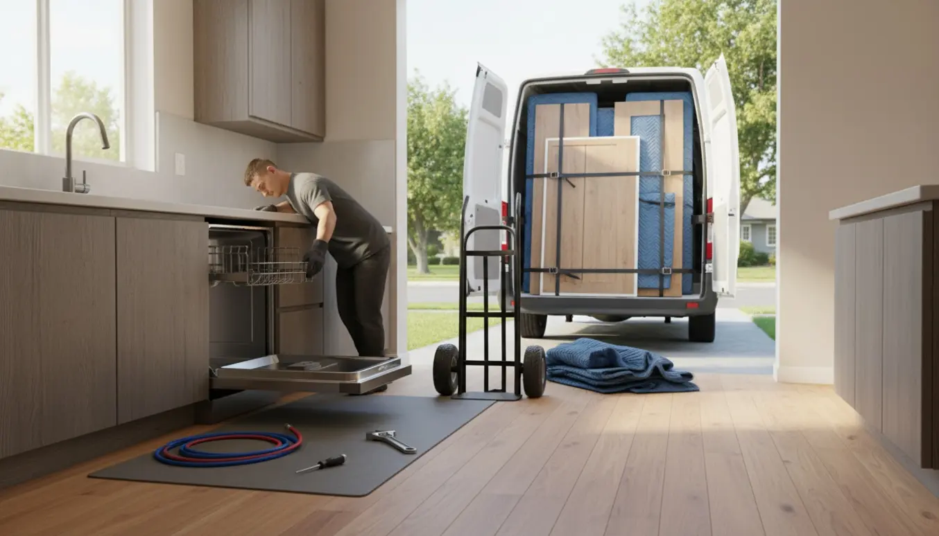 Opvaskemaskine trukket ud i køkkenet klar til at blive læsset i en varevogn med nedtagne klædeskabsplader.