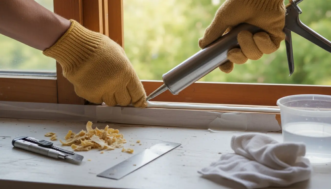 Nærbillede af hænder, der fjerner gammel fuge fra en vindueskarm og påfører ny fuge med fugepistol.
