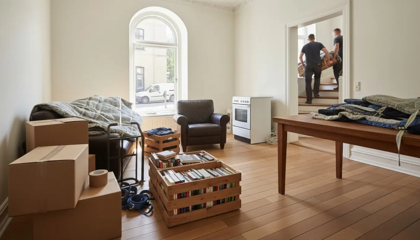Halvt tømt københavnsk lejlighed under rydning med flyttekasser, møbler og flyttefolk i trappeopgangen.